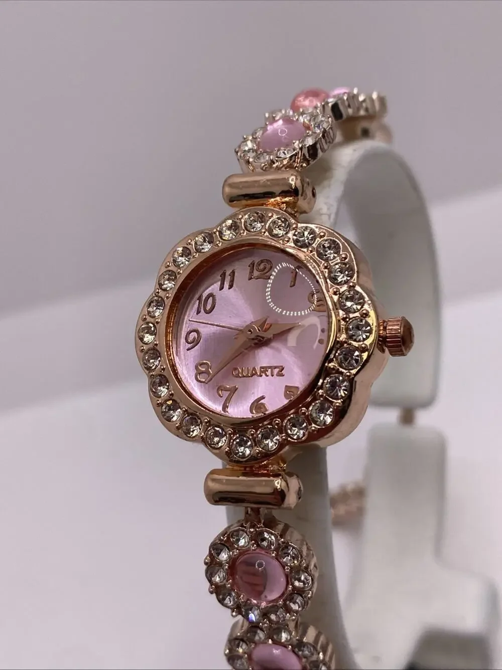 Womens Rose Gold Pink Gem Watch New Battery